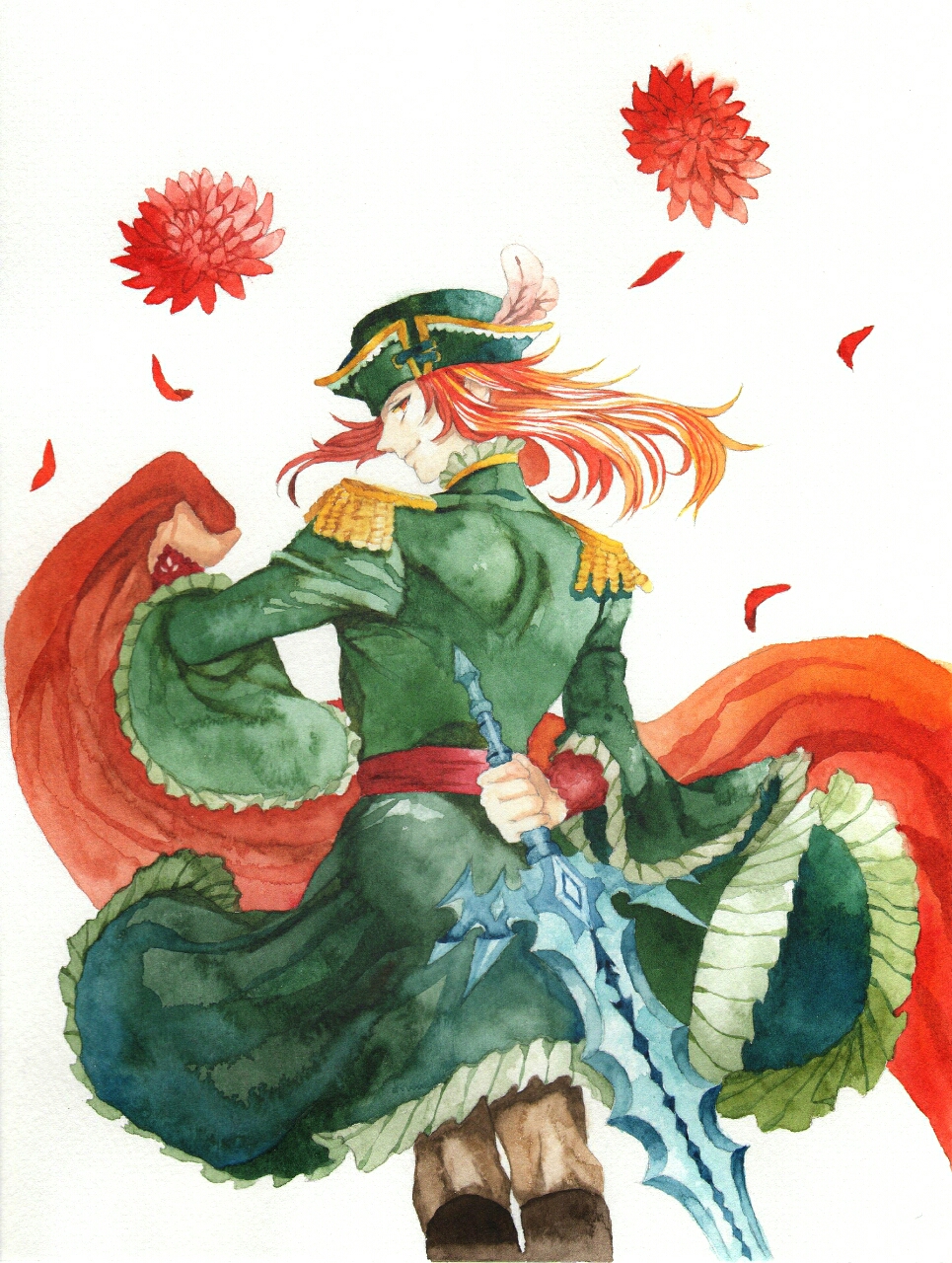 1boy arm_behind_back epaulettes fire_emblem fire_emblem:_the_sacred_stones flower from_behind green_headwear green_skirt ha_(nhgch87) hat_feather highres holding holding_sword holding_weapon joshua_(fire_emblem) long_hair looking_at_viewer male_focus petals red_eyes red_flower redhead skirt smile solo standing sword weapon white_background wide_sleeves