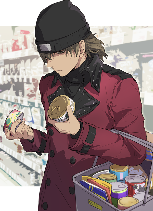 1boy aragaki_shinjirou beanie black_headwear brown_eyes brown_hair can canned_food expressionless groceries hair_between_eyes hat holding holding_can isa_(peien516) long_coat male_focus mature_male persona persona_3 photo_background shop shopping shopping_basket short_hair solo standing sweater turtleneck turtleneck_sweater upper_body