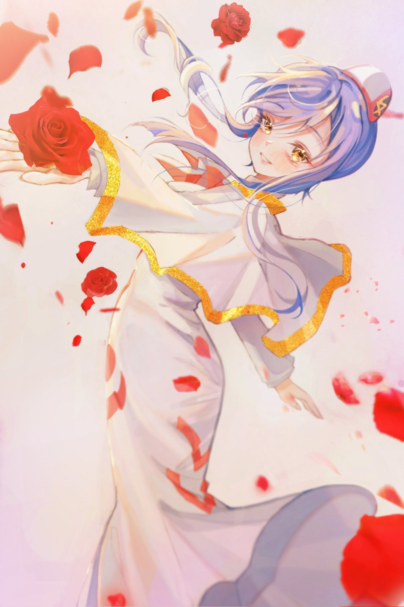 1girl aika_granzchesta aria_(manga) blue_hair blurry blush bow bowtie capelet depth_of_field dress eyelashes falling_petals feet_out_of_frame flower gold_trim grey_background highres himeya_company_uniform impossible_clothes impossible_dress jizizi leaning_back long_sleeves looking_at_viewer outstretched_arms petals red_bow red_bowtie red_headwear rose rose_petals short_hair_with_long_locks solo swept_bangs traditional_media two-tone_headwear white_capelet white_dress white_headwear yellow_eyes