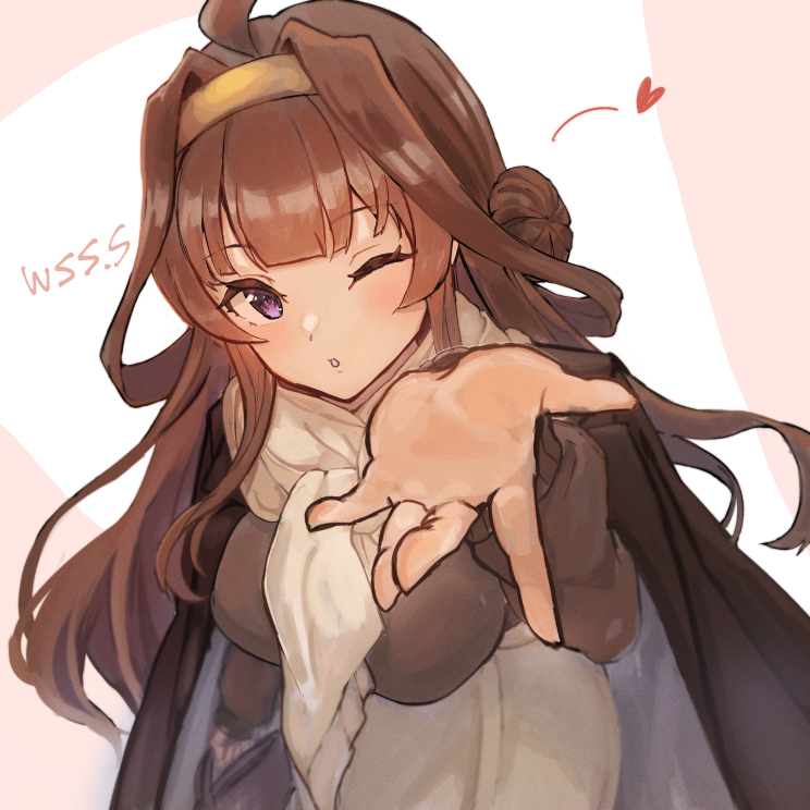 1girl ahoge artist_name black_coat blowing_kiss brown_hair coat commentary_request double_bun gold_hairband hair_bun hairband kantai_collection kongou_(kancolle) long_hair looking_at_viewer official_alternate_costume one_eye_closed scarf solo upper_body white_scarf wss_(nicoseiga19993411)