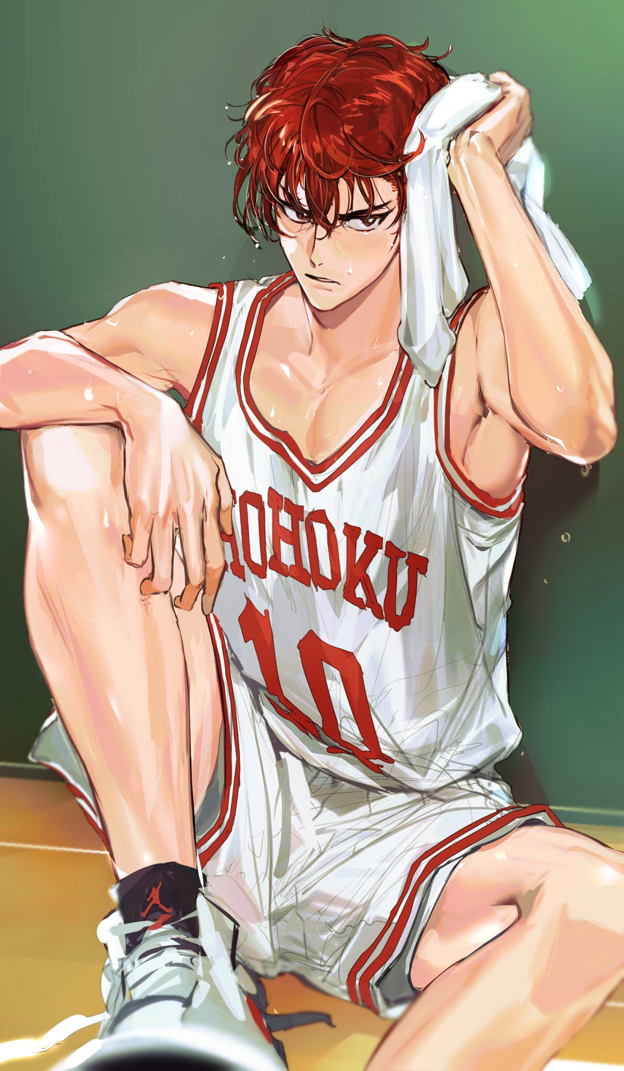 1boy basketball_jersey basketball_uniform bishounen black_eyes drying drying_hair foot_out_of_frame highres leg_up looking_to_the_side male_focus nomimono_rh pectoral_cleavage pectorals redhead sakuragi_hanamichi shoes short_hair shorts sitting slam_dunk_(series) sneakers solo sportswear sweat tank_top toned toned_male towel white_shorts white_tank_top