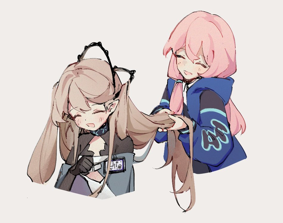2girls arknights black_gloves blue_jacket blue_poison_(arknights) braiding_hair brown_hair closed_eyes commentary cropped_torso dailybloopy english_commentary gloves grey_shirt hairdressing hood hooded_jacket id_card indigo_(arknights) infection_monitor_(arknights) jacket long_hair looking_down multiple_girls pink_hair pointy_ears shirt simple_background smile white_background