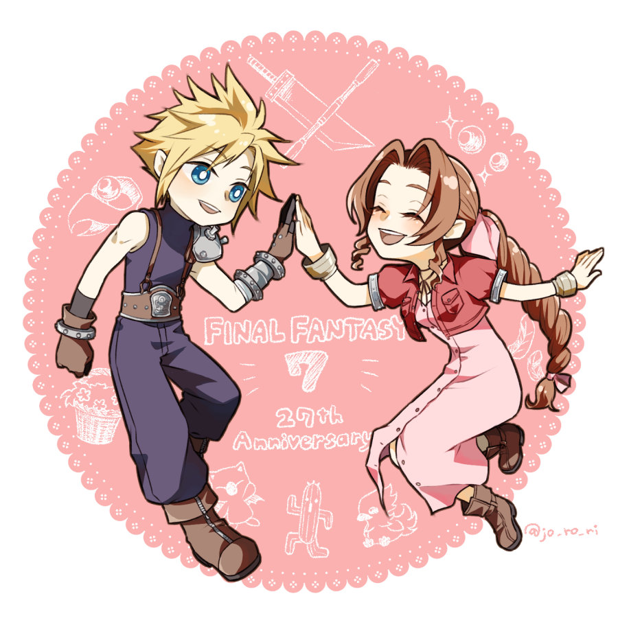 1boy 1girl aerith_gainsborough anniversary armor bangle belt blonde_hair blue_eyes blue_pants blue_shirt boots border bracelet braid braided_ponytail brown_belt brown_footwear brown_gloves brown_hair center_opening chocobo choker closed_eyes cloud_strife cropped_jacket dress final_fantasy final_fantasy_vii floating full_body gloves hair_ribbon high_five jacket jewelry jo_ro_ri light_blush long_dress long_hair looking_at_another moogle open_mouth pants parted_bangs pink_background pink_dress pink_ribbon puffy_short_sleeves puffy_sleeves red_jacket ribbon ribbon_choker sabotender shirt short_hair short_sleeves shoulder_armor sidelocks single_bare_shoulder single_braid single_shoulder_pad sleeveless sleeveless_turtleneck smile spiky_hair suspenders turtleneck twitter_username white_border
