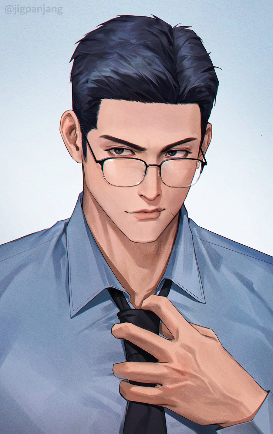 1boy blue_background blue_eyes blue_hair forehead glasses gradient_background highres holding_tie jigpanjang looking_to_the_side male_focus mito_youhei short_hair slam_dunk_(series) smile solo twitter_username upper_body