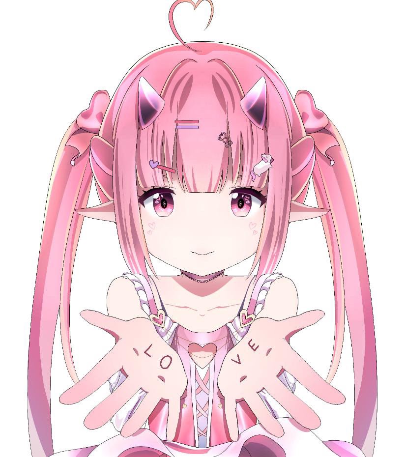 1girl ahoge bare_shoulders body_writing choker closed_mouth collarbone demon_girl dress elf flat_chest hair_ornament hairclip heart horns indie_virtual_youtuber light_smile long_hair looking_at_viewer mochi_(vtuber) pink_dress pink_eyes pink_hair pointy_ears second-party_source sidelocks simple_background sleeveless sleeveless_dress solo twintails upper_body very_long_hair virtual_youtuber white_background writing_on_hand