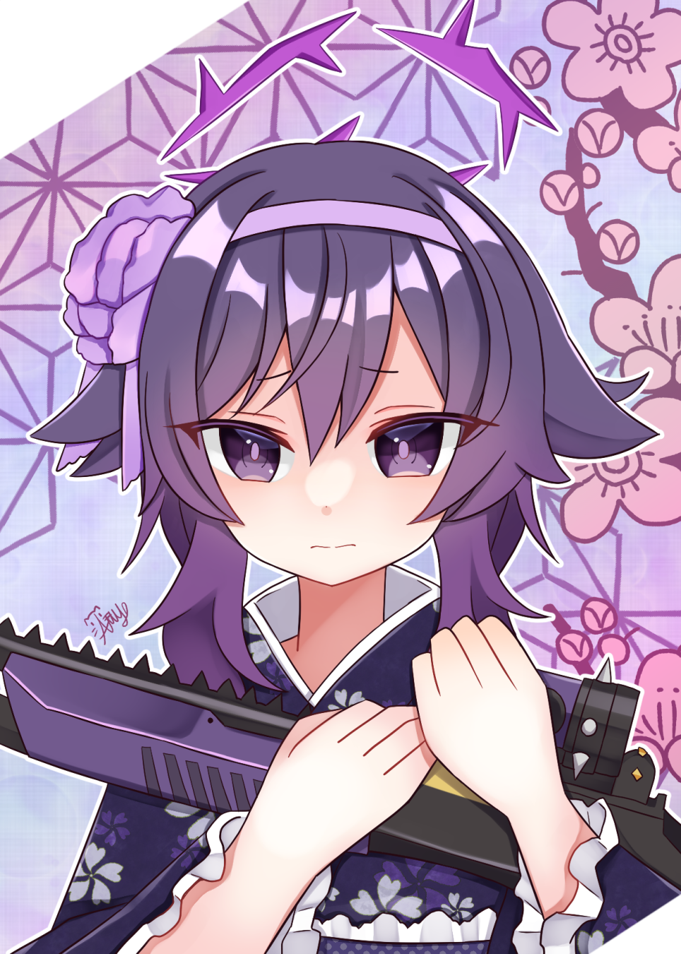 1girl blue_archive flower frilled_sleeves frills frown gun hair_flaps hair_flower hair_ornament hairband halo haruka_(blue_archive) highres holding holding_gun holding_weapon japanese_clothes kimono long_sleeves looking_to_the_side purple_hair short_hair_with_long_locks solo u_amy1207 upper_body violet_eyes weapon