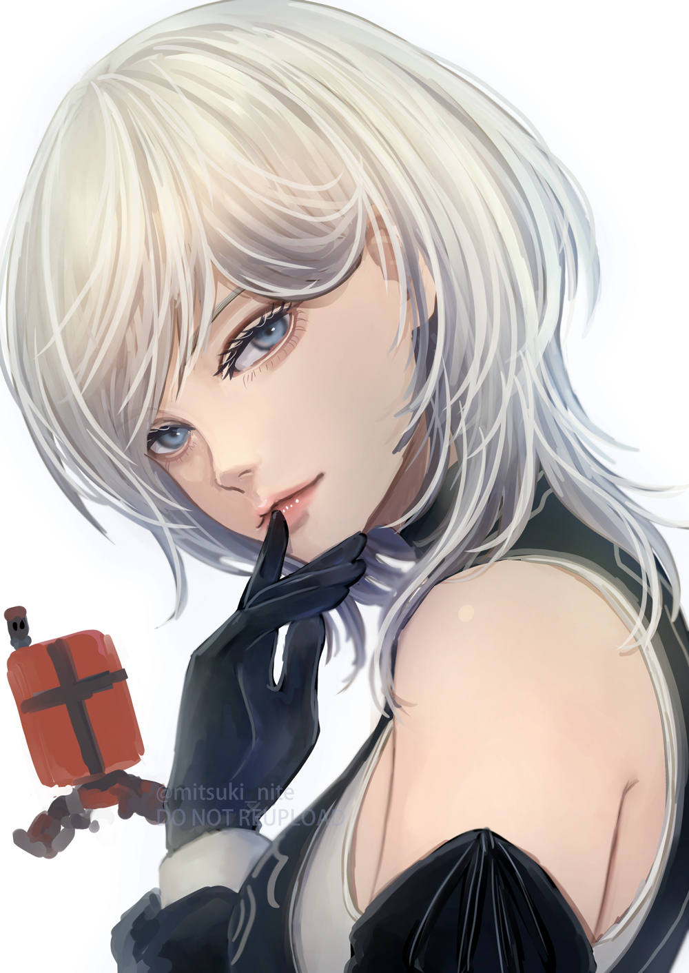 1girl 2b_(nier:automata) aegyo_sal artist_name black_gloves blue_eyes closed_mouth commentary eyelashes floating gloves highres looking_at_viewer medium_hair mitsuki_nite nier:automata nier_(series) pink_lips simple_background solo three_quarter_view twitter_username upper_body watermark white_background white_hair