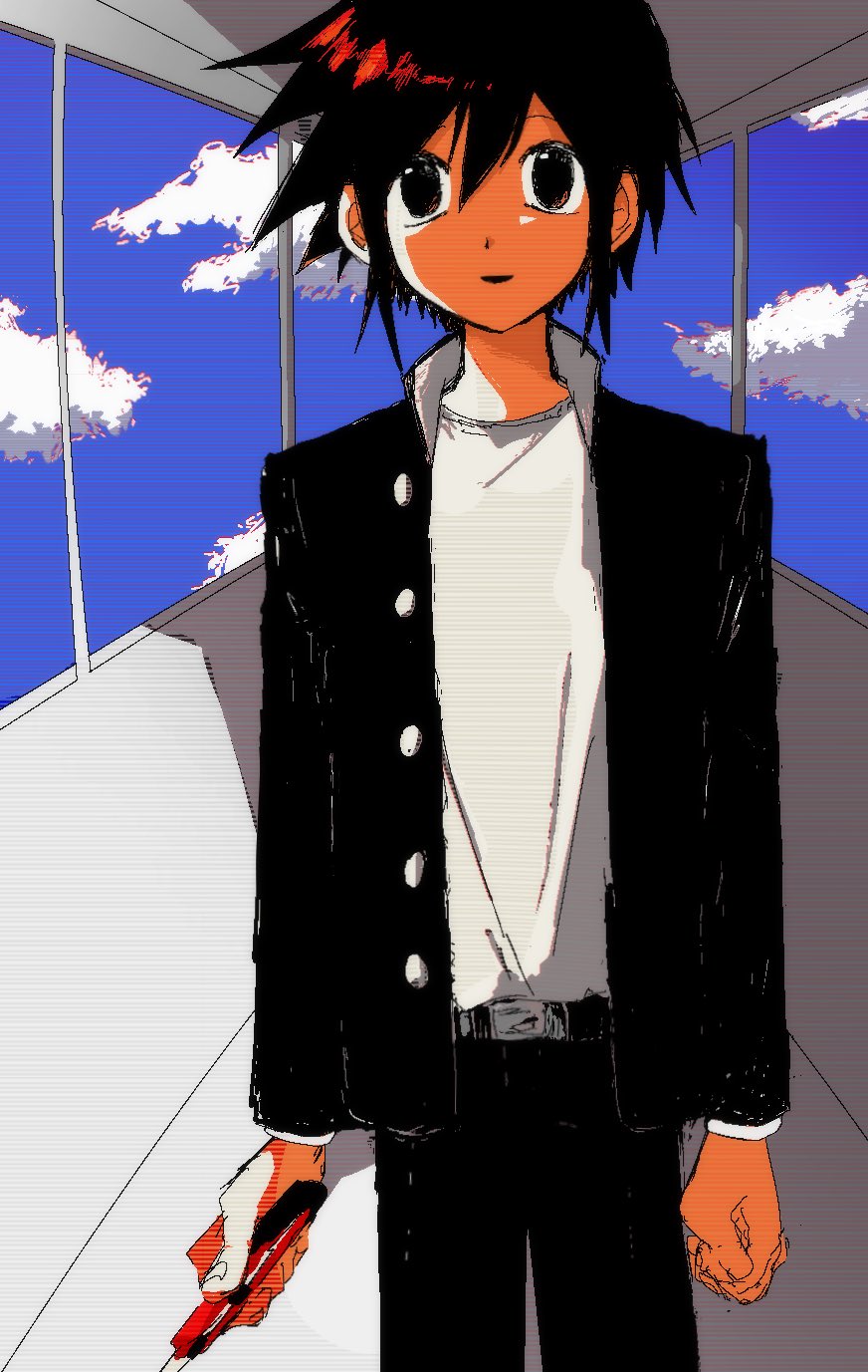 1boy arms_at_sides belt black_belt black_eyes black_hair black_jacket black_pants blue_sky boxcutter clenched_hand clouds gakuran hallway high_collar highres holding_boxcutter indoors jacket jaggy_lines looking_at_viewer male_focus nen_(nencha_888) open_clothes open_jacket open_mouth pants randal's_friends scanlines school_uniform shirt shirt_tucked_in short_hair sky smile solo surreal tsukada_satoru vanishing_point white_shirt window