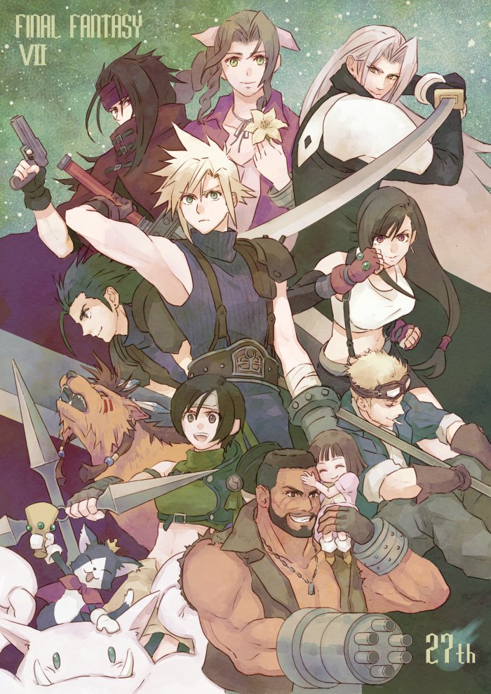 aerith_gainsborough anniversary arm_cannon armor barret_wallace beard black_hair blonde_hair brown_hair brown_vest buster_sword cait_sith_(ff7) cid_highwind cloud_strife crop_top dark-skinned_male dark_skin dog_tags earrings english_text facial_hair final_fantasy final_fantasy_vii final_fantasy_vii_remake fingerless_gloves flower gatling_gun gloves gun holding holding_gun holding_weapon jewelry long_hair low-tied_long_hair marlene_wallace masamune_(ff7) materia multiple_boys open_mouth prosthetic_weapon red_eyes red_xiii ringomell_ura sephiroth shirt short_hair shoulder_armor sleeveless sleeveless_turtleneck smile smoking spiky_hair suspenders suspenders_gap tank_top teardrop_earrings tifa_lockhart torn_clothes torn_sleeves turtleneck very_short_hair vest vincent_valentine weapon white_tank_top yuffie_kisaragi zack_fair
