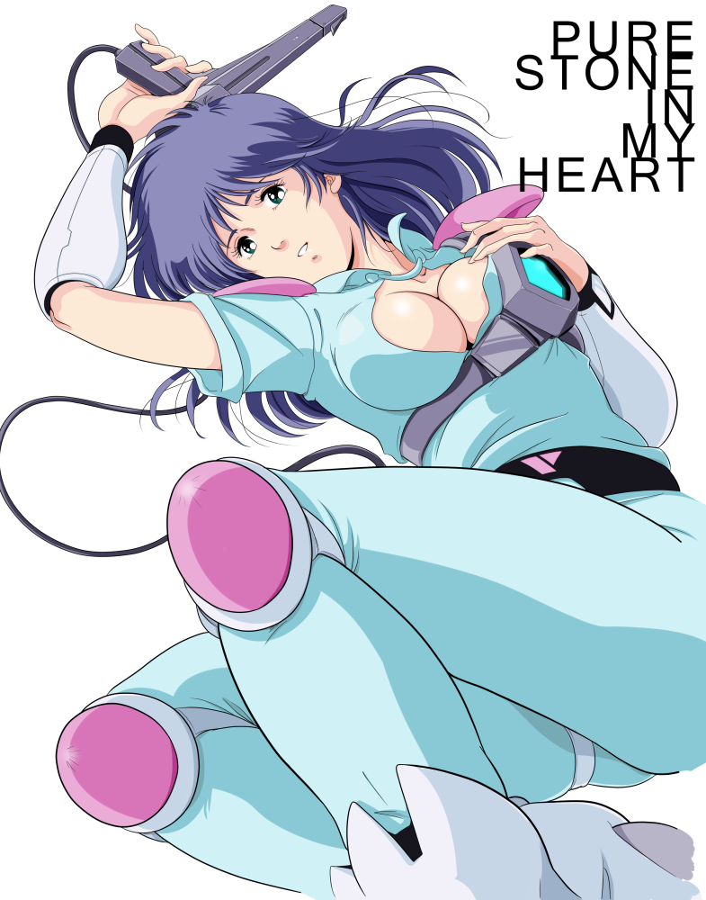 1980s_(style) 1girl akai_koudan_zillion apple_(zillion) armlet armor belt blue_eyes blue_hair boots cable chest_harness commentary_request energy_gun english_text harness knee_pads looking_at_viewer lying mikimoto_haruhiko_(style) official_style ray_gun retro_artstyle science_fiction sega_light_phaser shoulder_armor uniform waeba_yuusee weapon white_background