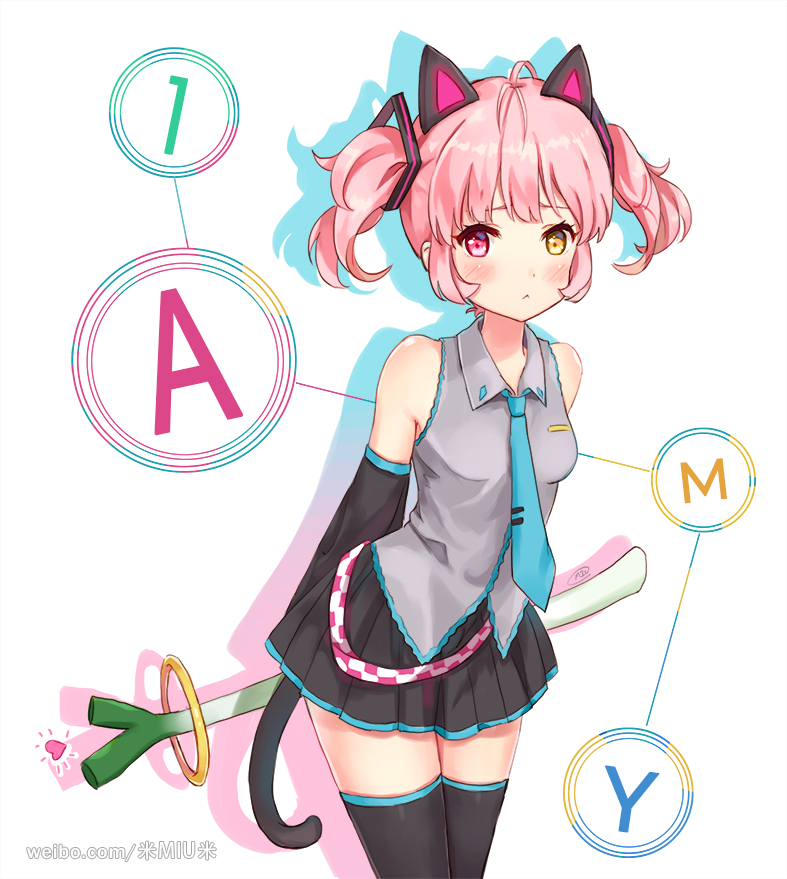 1girl :&lt; animal_ears blush breasts cat_ears cat_girl cat_tail collared_shirt commentary cosplay detached_sleeves drop_shadow food hatsune_miku hatsune_miku_(cosplay) heart heterochromia holding holding_food holding_vegetable long_sleeves miu_(pixiv4149478) necktie original pink_eyes pink_hair pleated_skirt shirt skirt sleeveless sleeveless_shirt small_breasts solo spring_onion tail thigh-highs twintails vegetable vocaloid yellow_eyes