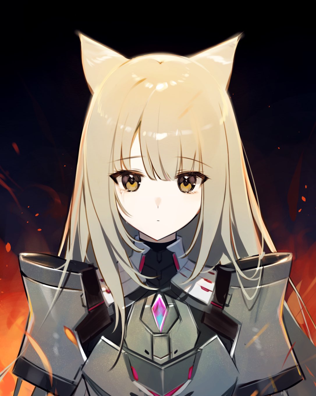 1girl animal_ears armor brown_eyes cat_ears cheese765 closed_mouth commentary crying fiery_background fire grey_hair highres long_bangs long_hair m_(xenoblade) solo spoilers streaming_tears tears upper_body xenoblade_chronicles_(series) xenoblade_chronicles_3