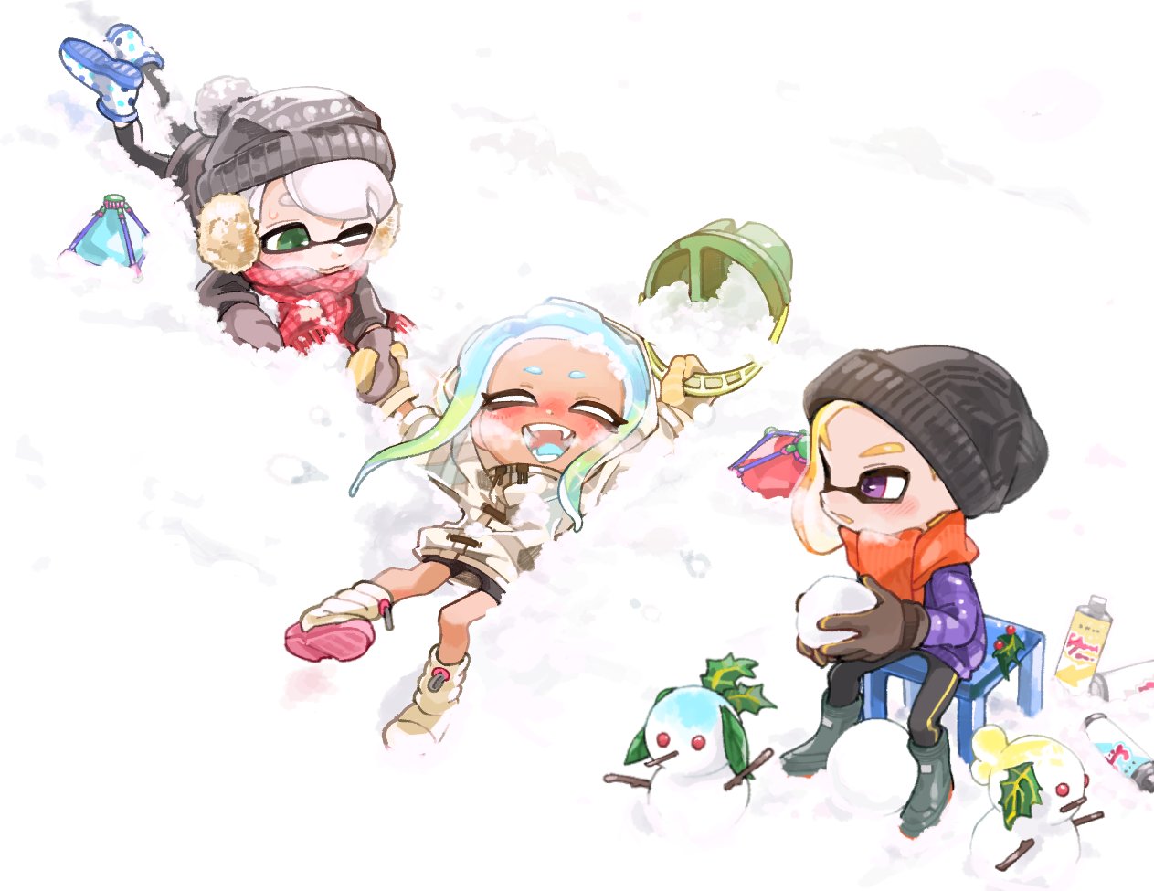 beanie bike_shorts black_headwear black_leggings blonde_hair blue_hair blush boots breath brown_gloves closed_eyes closed_mouth earmuffs gloves green_eyes green_hair hat inkling inkling_boy leggings lying mittens multicolored_hair octoling octoling_girl on_back on_stomach on_stool one_eye_closed open_mouth red_scarf rubber_boots scarf sitting smile snow snowball snowman spl8ya splat_bomb_(splatoon) splatoon_(series) splatoon_2 spray_can tri-slosher_(splatoon) two-tone_hair violet_eyes weapon white_hair