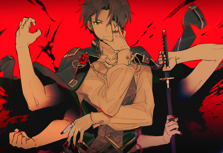 1boy beads black_nails blood blood_splatter blurry character_request check_character clenched_hand closed_mouth depth_of_field ensemble_stars! extra_arms floating_clothes gem hand_on_own_face hand_over_eye hands_up hasumi_keito holding holding_sword holding_weapon jacket jacket_on_shoulders jewelry katana long_sleeves looking_at_viewer male_focus multiple_rings nail_polish one_eye_covered partially_colored red_background red_gemstone red_nails ring sheath short_hair solo sumomoi_(dvcat) sword unsheathing upper_body vest weapon yellow_eyes