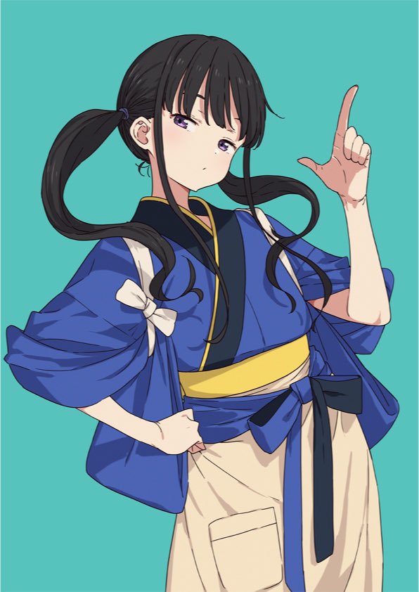 1girl black_hair blue_background blue_kimono closed_mouth commentary cowboy_shot floating_hair hand_on_own_hip imigimuru index_finger_raised inoue_takina japanese_clothes kimono lone_nape_hair long_hair looking_at_viewer lycoris_recoil official_alternate_costume official_alternate_hairstyle sash sidelocks simple_background solo tasuki twintails twintails_day violet_eyes