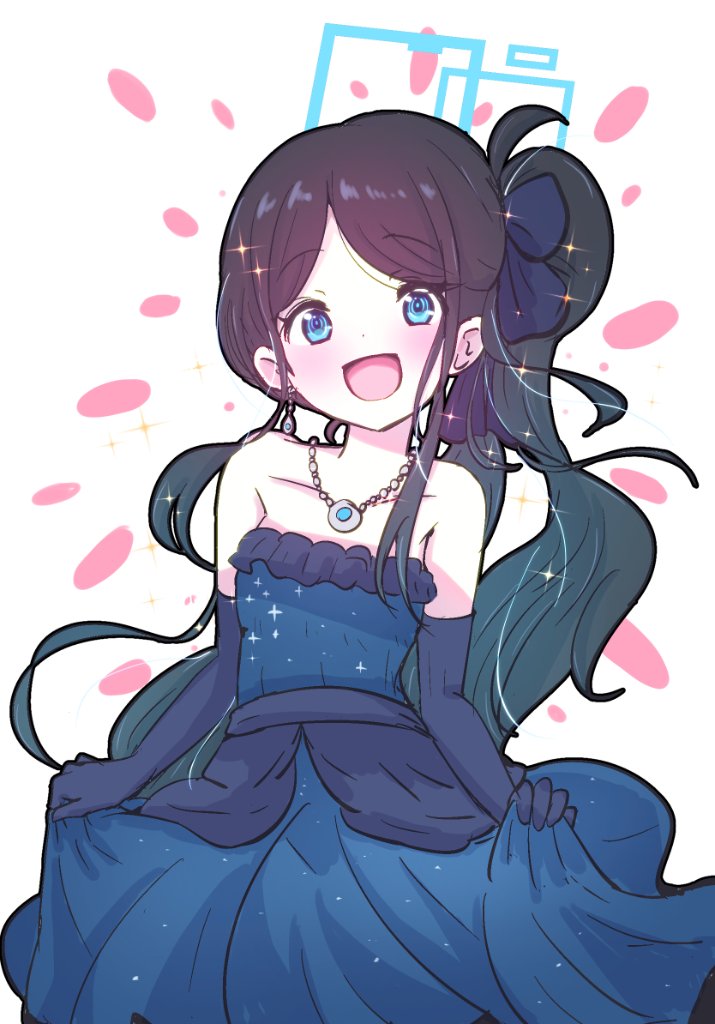 1girl absurdly_long_hair aris_(blue_archive) black_gloves black_hair blue_archive blue_dress blue_eyes blue_halo blush dangle_earrings dress earrings elbow_gloves giorgio_(yo_sumire_sola1) gloves halo jewelry long_hair looking_at_viewer one_side_up open_mouth pendant smile solo strapless strapless_dress very_long_hair