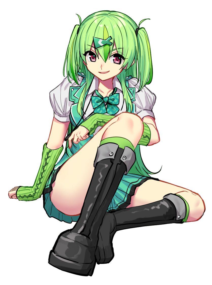 1girl ankle_boots arm_warmers benbe black_footwear boots bow bowtie collarbone collared_shirt convenient_censoring green_bow green_bowtie green_hair green_socks green_vest hair_between_eyes hair_ornament heaven_burns_red long_hair looking_at_viewer multicolored_hair ooshima_isuzu parted_lips pink_eyes pleated_skirt puffy_short_sleeves puffy_sleeves shirt short_sleeves sidelocks skirt socks solo streaked_hair two_side_up v-shaped_eyebrows vest white_background white_shirt