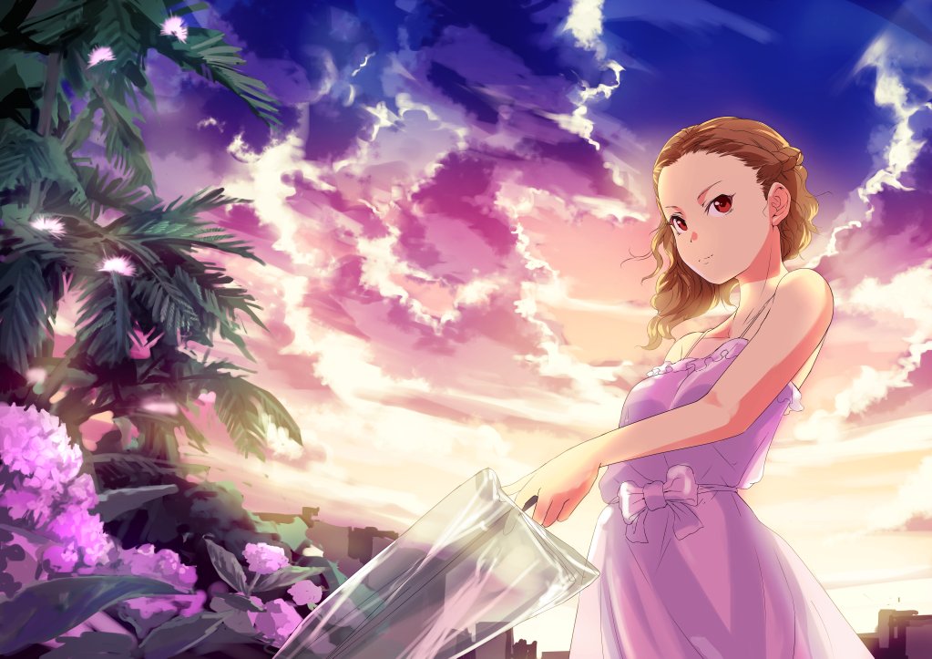 1girl backlighting bare_shoulders blz bow breasts brown_hair camisole closed_mouth clouds cloudy_sky evening flower holding holding_umbrella idolmaster looking_to_the_side medium_breasts outdoors palm_tree pink_camisole pink_flower red_eyes seki_hiromi sky solo standing transparent transparent_umbrella tree umbrella wavy_hair