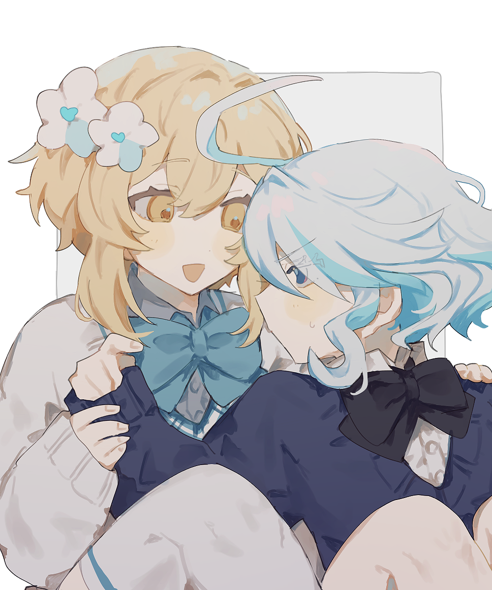2girls :d ahoge alternate_costume black_bow blonde_hair blue_bow blue_eyes blue_hair blue_sweater border bow bowtie closed_mouth collared_shirt flower furina_(genshin_impact) genshin_impact grey_background grey_sweater hair_flower hair_ornament highres holding_another's_wrist inagoinaire knees_up long_sleeves looking_at_another lumine_(genshin_impact) multicolored_hair multiple_girls open_mouth outside_border school_uniform shirt short_hair sidelocks simple_background sitting sleeves_past_wrists smile streaked_hair sweat sweater white_border white_flower white_hair white_shirt wing_collar yellow_eyes yuri