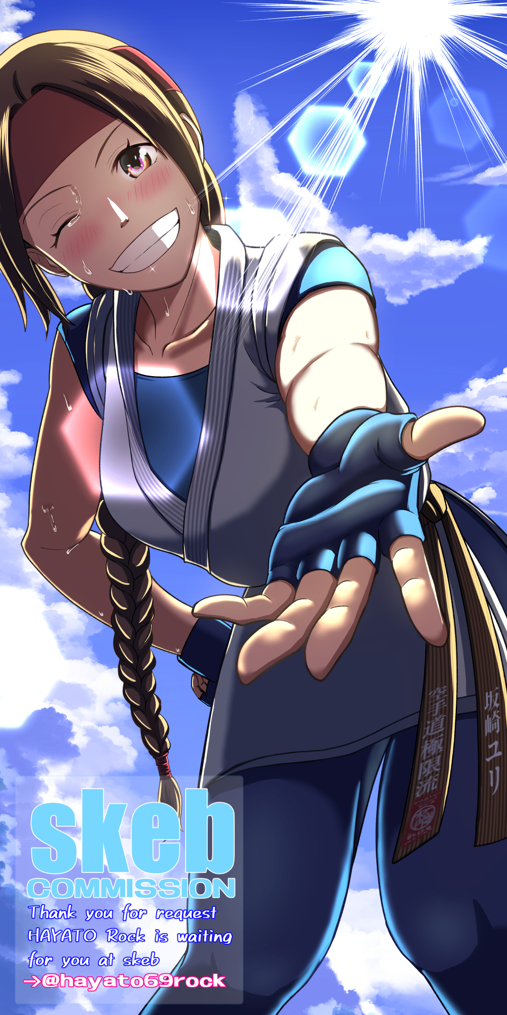 1girl backlighting bent_over blonde_hair blue_sky blush braid braided_ponytail check_commentary clouds cloudy_sky collarbone commentary commentary_request commission day fingerless_gloves from_below gloves grin hayato_rock headband highres japanese_clothes long_hair looking_at_viewer martial_arts_belt one_eye_closed outdoors outstretched_arm parted_bangs pink_eyes pixiv_commission red_headband ryuuko_no_ken single_braid skeb_commission sky sleeveless smile snk solo sun sun_glare sunlight sweat teeth the_king_of_fighters yuri_sakazaki