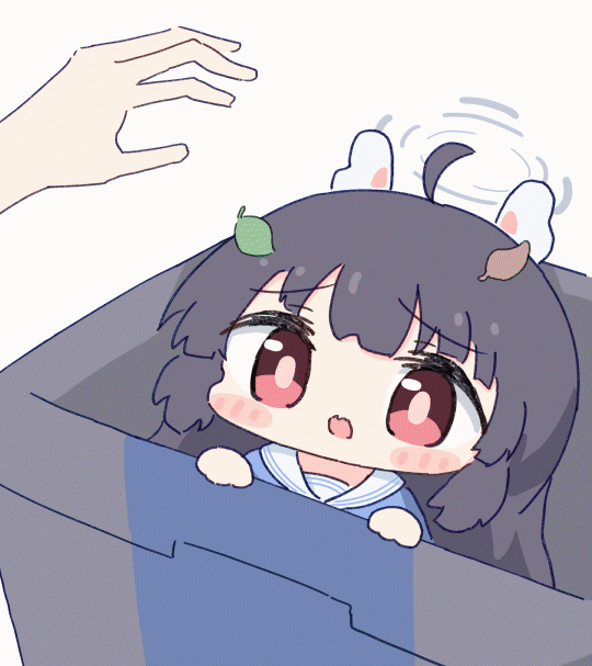 1girl ahoge animal_ears animated animated_gif black_hair blinking blue_archive blue_shirt blush_stickers chibi closed_eyes closed_mouth commentary_request halo hands_up in_trash_can leaf leaf_on_head miyu_(blue_archive) open_mouth pov pov_hands rabbit_ears raised_eyebrows red_eyes sailor_collar shirt solo_focus tearing_up trash_can umihio upper_body wavy_mouth white_sailor_collar