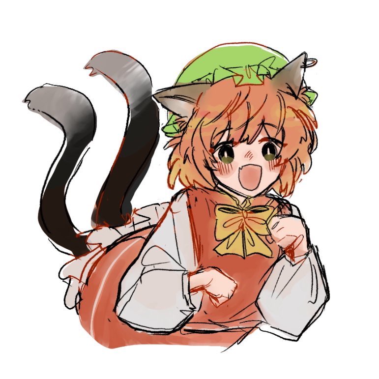 1girl :d animal_ear_piercing animal_ears blush bow bowtie bright_pupils brown_eyes brown_hair cat_ears cat_tail chen commentary_request cropped_legs earrings fang flat_chest green_eyes green_headwear hands_up happy hat jewelry leaning_forward long_sleeves looking_at_viewer mob_cap multiple_tails nekomata no_nose nose_blush nurakuramono_n open_mouth paw_pose puffy_long_sleeves puffy_sleeves red_skirt red_vest short_hair simple_background single_earring skin_fang skirt skirt_set smile solo tail touhou two_tails vest white_background white_pupils yellow_bow yellow_bowtie