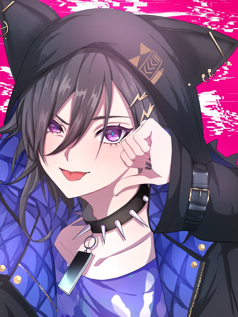 0a0 1boy androgynous black_hair black_nails coat collar eyelashes facing_viewer hair_between_eyes hair_ornament half-closed_eye holostars hood hood_up hooded_coat kanade_izuru kanade_izuru_(1st_costume) lightning_bolt_hair_ornament lightning_bolt_symbol looking_at_viewer male_focus nail_polish open_clothes open_coat pink_background short_hair solo spiked_collar spikes thumbs_down tongue tongue_out upper_body violet_eyes virtual_youtuber