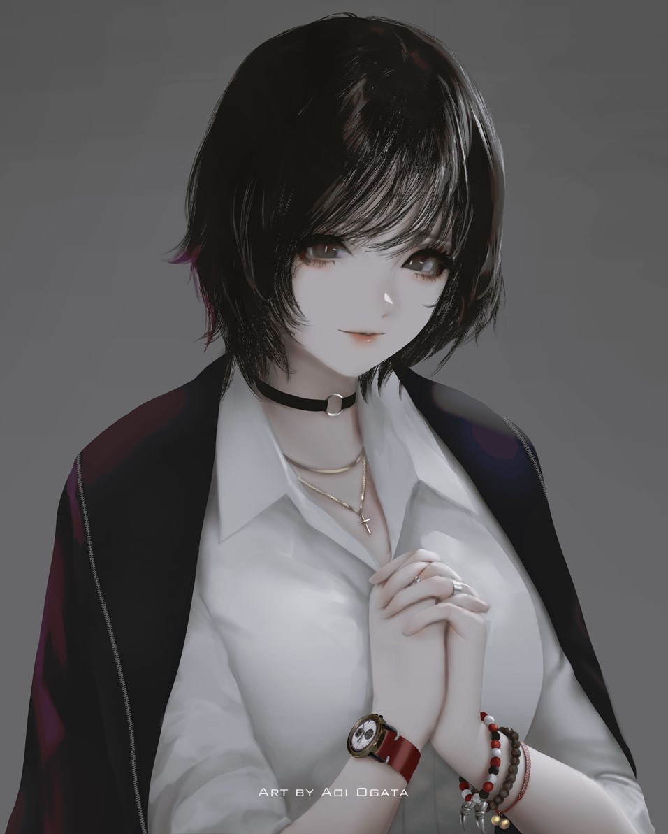 1girl aoi_ogata artist_name black_choker black_eyes black_hair black_jacket bracelet choker clip_studio_paint_(medium) closed_mouth collared_shirt commission dress_shirt grey_background interlocked_fingers jacket jacket_on_shoulders jewelry looking_at_viewer o-ring o-ring_choker original own_hands_clasped own_hands_together shirt simple_background smile solo upper_body watch watch white_shirt
