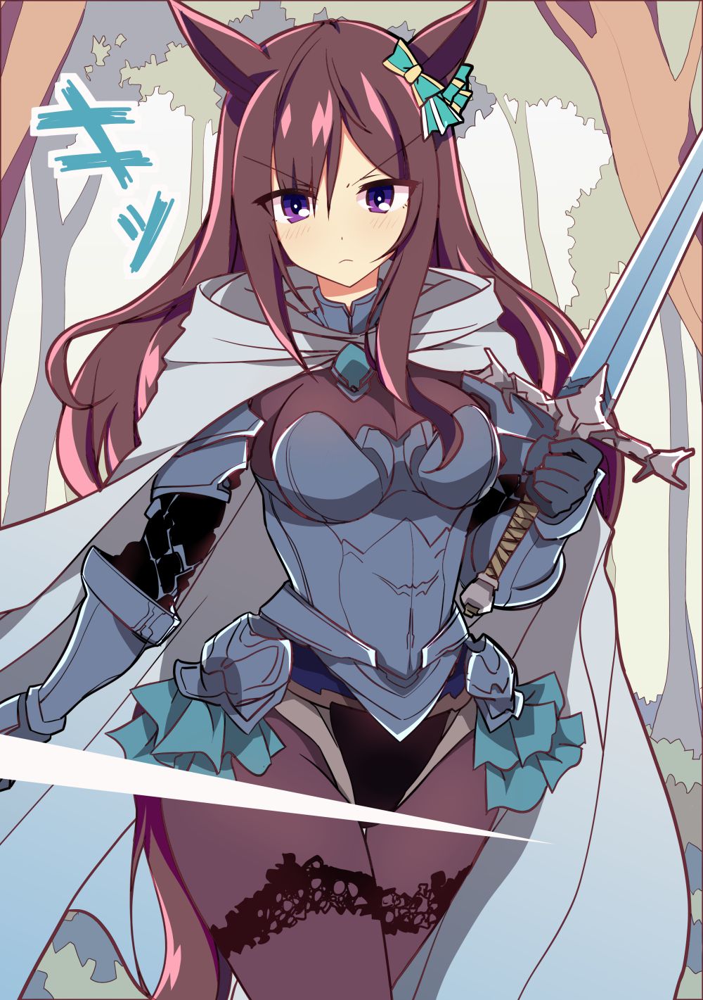 1girl alternate_costume animal_ears armor breasts cape closed_mouth commentary_request forest gloves hair_between_eyes hair_ornament highres horse_ears horse_tail looking_at_viewer mejiro_dober_(umamusume) nature pantyhose solo sword tail tree umamusume violet_eyes wahiko_(black_bastard) weapon