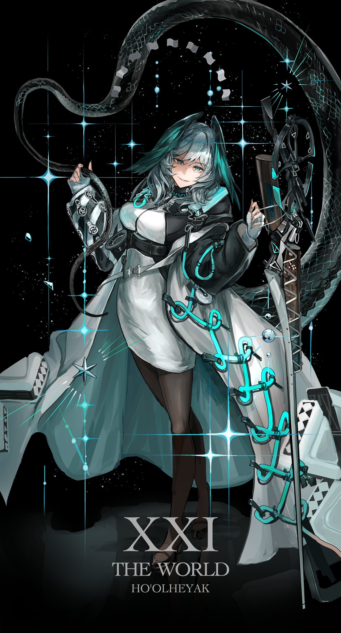 1girl aqua_nails arknights black_pantyhose blue_eyes breasts character_name coat crossed_legs double-parted_bangs dress english_text fingerless_gloves fingernails full_body gloves grin head_wings high_heels highres ho'olheyak_(arknights) holding holding_own_tail holding_staff infection_monitor_(arknights) kasumi_yuzuha long_fingernails long_sleeves looking_at_viewer medium_hair nail_polish open_clothes open_coat pantyhose pencil_dress sharp_fingernails smile snake_tail solo sparkle staff tail tarot the_world_(tarot) white_dress wings