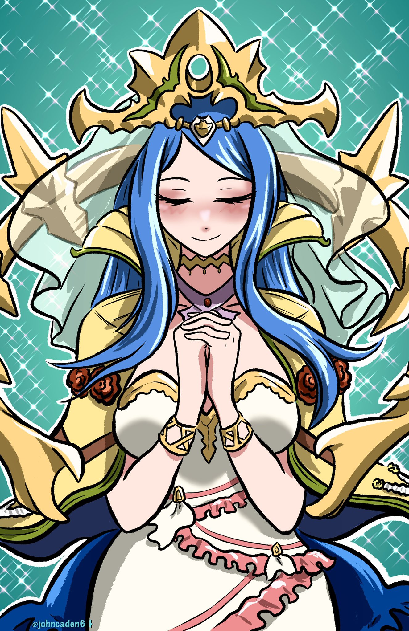 1girl blue_hair bracelet cape closed_eyes closed_mouth crown dress facing_viewer fire_emblem fire_emblem_engage highres interlocked_fingers jewelry johncaden long_hair lumera_(fire_emblem) own_hands_clasped own_hands_together sleeveless sleeveless_dress smile solo upper_body white_dress