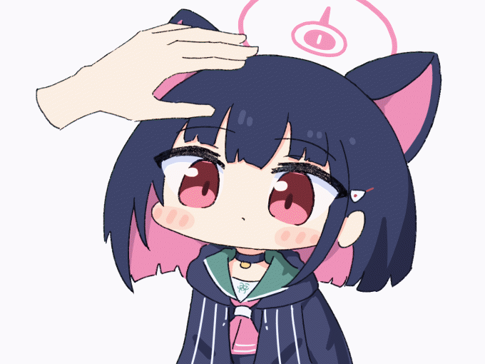 &gt;_&lt; 1girl 1other animal_ears animated animated_gif black_hair black_hoodie blue_archive blush_stickers cat_ears chibi closed_eyes colored_inner_hair commentary_request disembodied_limb ear_wiggle halo hand_on_another's_head head_down headpat heart heart_background hood hoodie kazusa_(blue_archive) multicolored_hair neckerchief pink_hair pink_neckerchief red_eyes school_uniform serafuku short_hair simple_background solo_focus two-tone_hair umihio upper_body white_background
