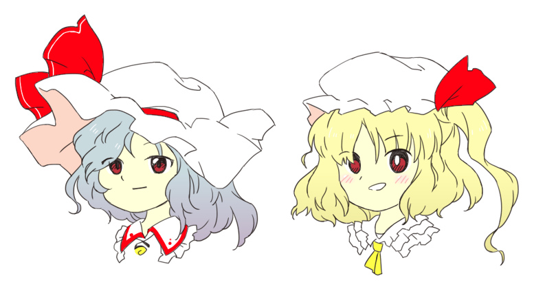 2girls :d ascot blonde_hair blue_hair blush bright_pupils closed_mouth flandre_scarlet hat hat_ribbon light_blue_hair medium_hair mob_cap multiple_girls nonamejd official_style portrait red_eyes red_ribbon remilia_scarlet ribbon siblings side_ponytail simple_background sisters smile touhou white_background white_headwear white_pupils yellow_ascot zun_(style)