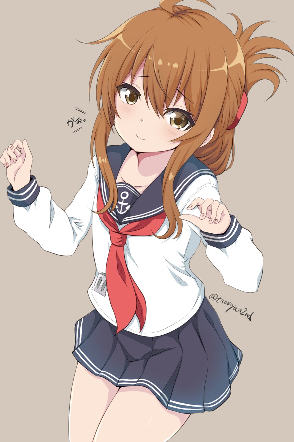 1girl ahoge anchor_symbol badge black_sailor_collar black_skirt brown_background brown_eyes brown_hair commentary_request cowboy_shot folded_ponytail highres inazuma_(kancolle) kantai_collection long_hair long_sleeves looking_at_viewer neckerchief pleated_skirt red_neckerchief sailor_collar shirt skirt solo standing tamayan twitter_username white_shirt