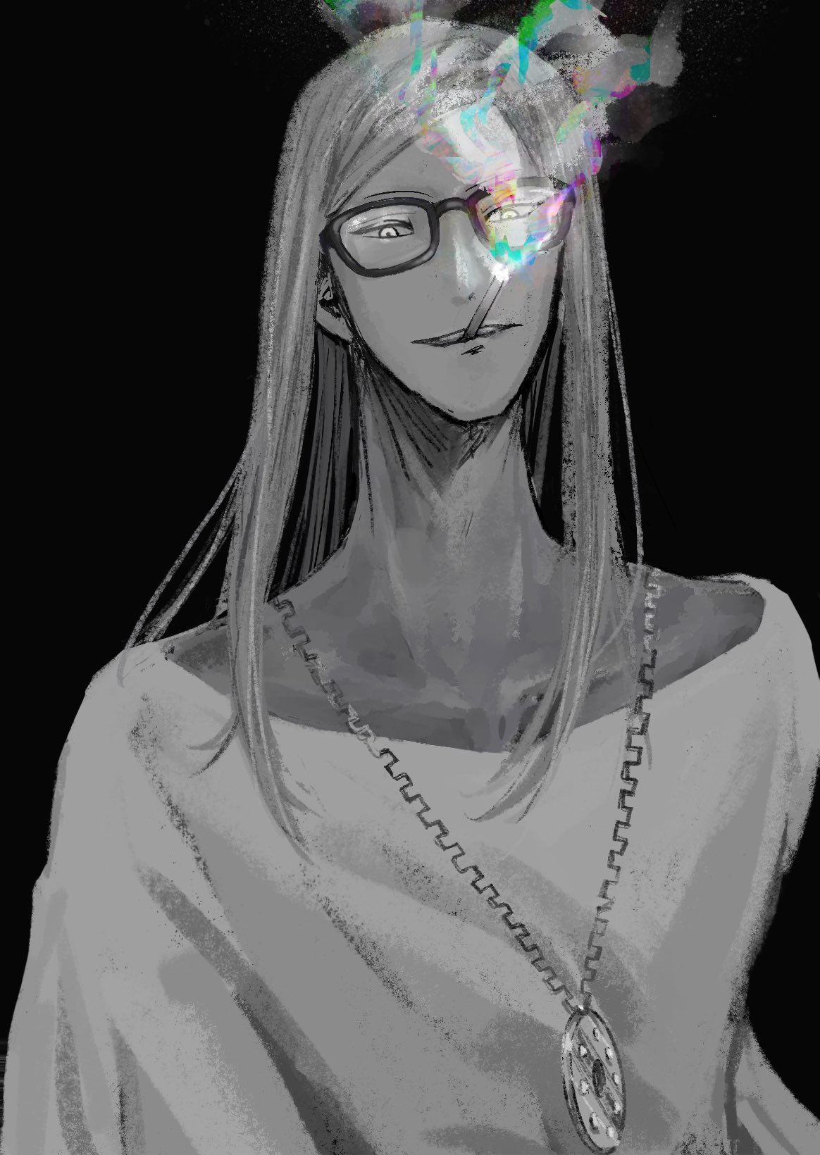 1boy bespectacled fate/grand_order fate_(series) glasses greyscale highres jewelry long_hair long_neck looking_at_viewer male_focus monochrome necklace pistachiohyeah rainbow_gradient simple_background skinny smirk solo spot_color tezcatlipoca_(fate) upper_body