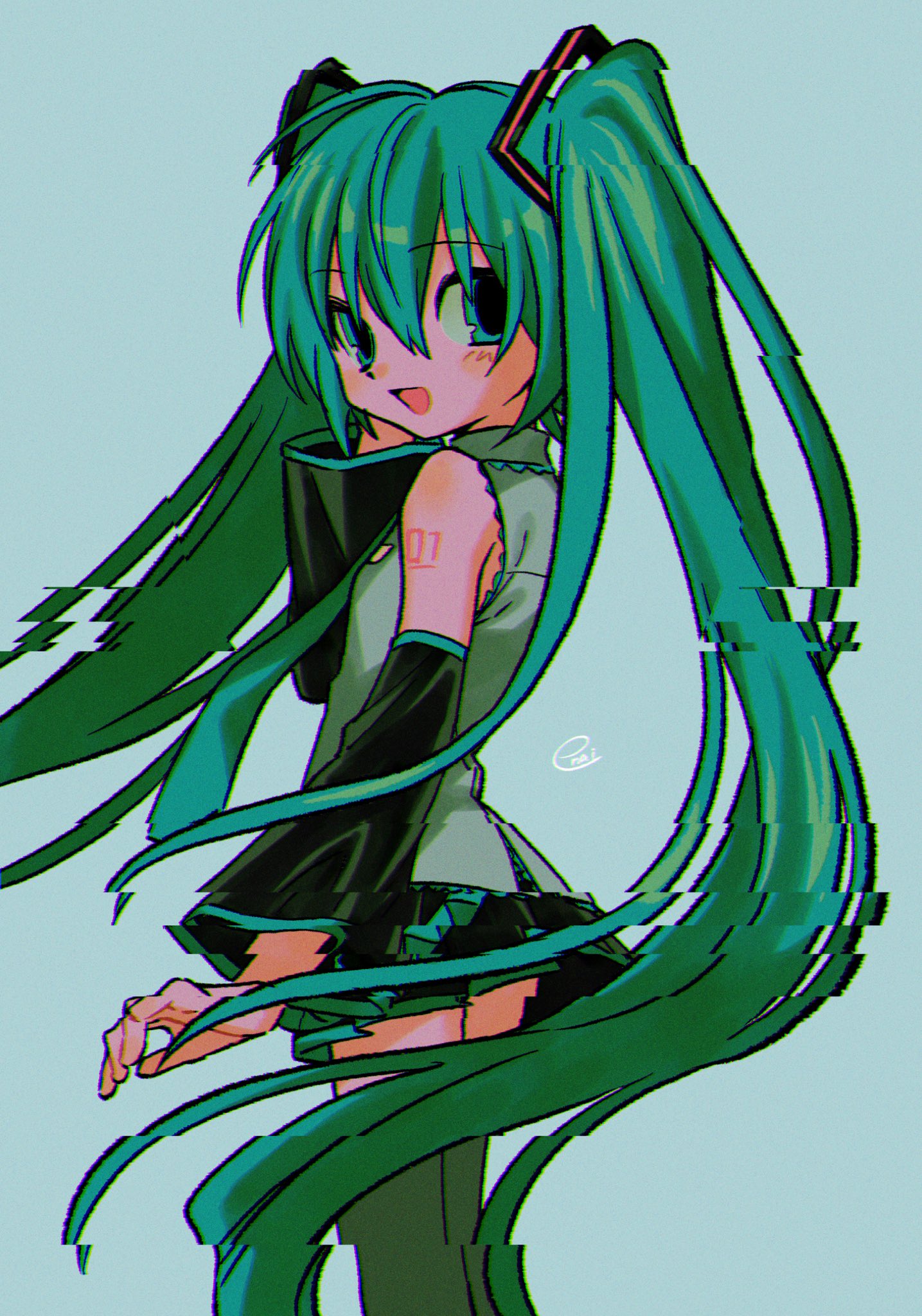 1girl aqua_eyes aqua_hair bare_shoulders blue_eyes blue_hair crypton_future_media detached_sleeves green_hair hair_ornament hatsune_miku highres long_hair looking_at_viewer menma_(enaic31) necktie open_mouth piapro simple_background skirt smile solo thigh-highs twintails twintails_day very_long_hair