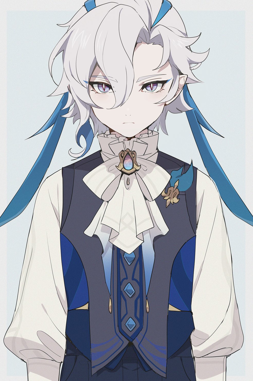 1boy aged_down arms_at_sides ascot blue_hair bow bowtie brooch closed_mouth frilled_shirt_collar frills genshin_impact grey_background grey_eyes hair_between_eyes highres jewelry long_hair long_sleeves looking_at_viewer male_focus multicolored_hair neuvillette_(genshin_impact) pointy_ears puffy_long_sleeves puffy_sleeves shirt short_hair_with_long_locks simple_background slit_pupils solo straight-on streaked_hair sumomoi_(dvcat) vest white_ascot white_bow white_bowtie white_hair white_shirt
