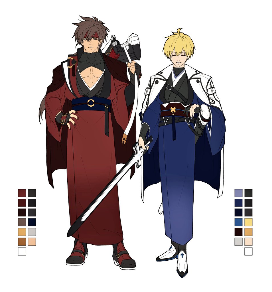 2boys alternate_costume black_gloves black_nails blonde_hair blue_kimono brown_hair ebi_pri_shrimp father-in-law_and_son-in-law fingerless_gloves full_body gloves guilty_gear guilty_gear_strive hair_between_eyes headband holding holding_sword holding_weapon japanese_clothes kimono ky_kiske long_hair long_sleeves looking_at_another male_focus multiple_boys muscular muscular_male obi pectorals red_eyes red_kimono sash short_hair smile sol_badguy spiky_hair standing sword thunderseal weapon wide_sleeves