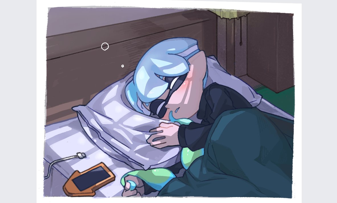 border cable cellphone closed_eyes grey_border indoors inkling inkling_boy lying on_bed on_side parted_lips phone pillow pointy_ears short_hair sleeping spl8ya splatoon_(series) tentacle_hair