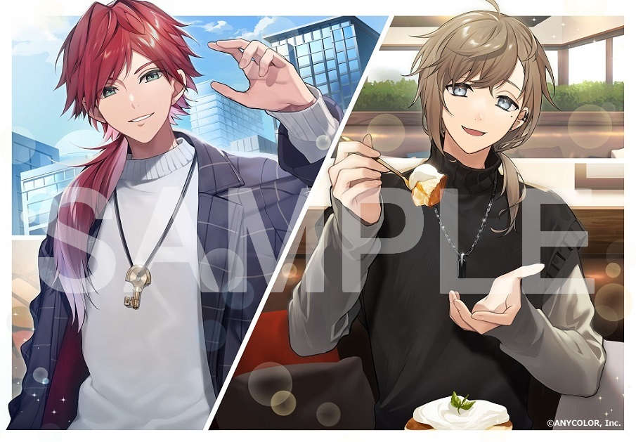 2boys :d black_sweater_vest blazer blue_eyes blue_jacket booth_seating brown_hair building cafe clouds copyright_notice cushion day earclip earrings food fork green_eyes grey_shirt hair_between_eyes hair_over_shoulder hand_up holding holding_fork incoming_food indoors jacket jewelry kanae_(nijisanji) key key_necklace lapels lauren_iroas lens_flare long_hair long_sleeves looking_at_viewer low_ponytail male_focus mole mole_under_eye multiple_boys necklace nijisanji notched_lapels official_art open_clothes open_jacket outdoors pancake parted_lips plaid plaid_jacket redhead sample_watermark shirt smile sogawa split_screen stud_earrings sweater sweater_vest swept_bangs turtleneck upper_body virtual_youtuber watermark whipped_cream white_sweater