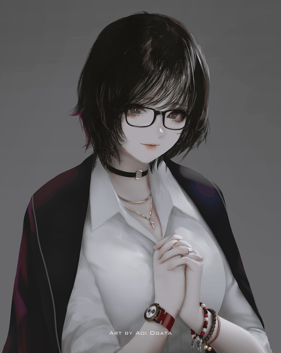 1girl aoi_ogata artist_name black-framed_eyewear black_choker black_eyes black_hair black_jacket bracelet choker clip_studio_paint_(medium) closed_mouth collared_shirt commentary commission dress_shirt english_commentary glasses grey_background highres interlocked_fingers jacket jacket_on_shoulders jewelry looking_at_viewer o-ring o-ring_choker original own_hands_clasped own_hands_together shirt simple_background smile solo upper_body watch watch white_shirt