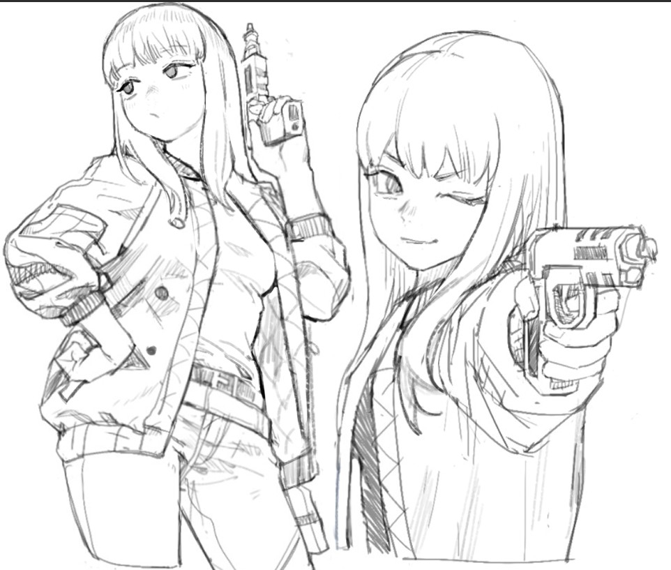 1girl :/ aiming belt breasts chinese_commentary commentary_request contrapposto finger_on_trigger greyscale gun hand_on_own_hip holding holding_gun holding_weapon kiruko_(tengoku_daimakyou) long_bangs long_hair medium_breasts monochrome one_eye_closed pants sketch smile solipsist solo tengoku_daimakyou v-shaped_eyebrows weapon