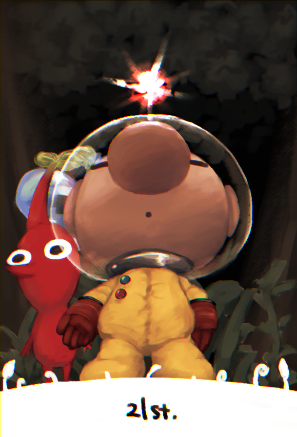 1boy :o big_nose black_eyes buttons closed_eyes colored_skin commentary_request dated flower from_below full_body gloves helmet looking_at_viewer male_focus no_mouth olimar open_mouth pikmin_(creature) pikmin_(series) pikmin_1 plant pointy_ears pointy_nose radio_antenna red_gloves red_light red_pikmin red_skin space_helmet spacesuit usuba_(hatomugip) vines white_flower