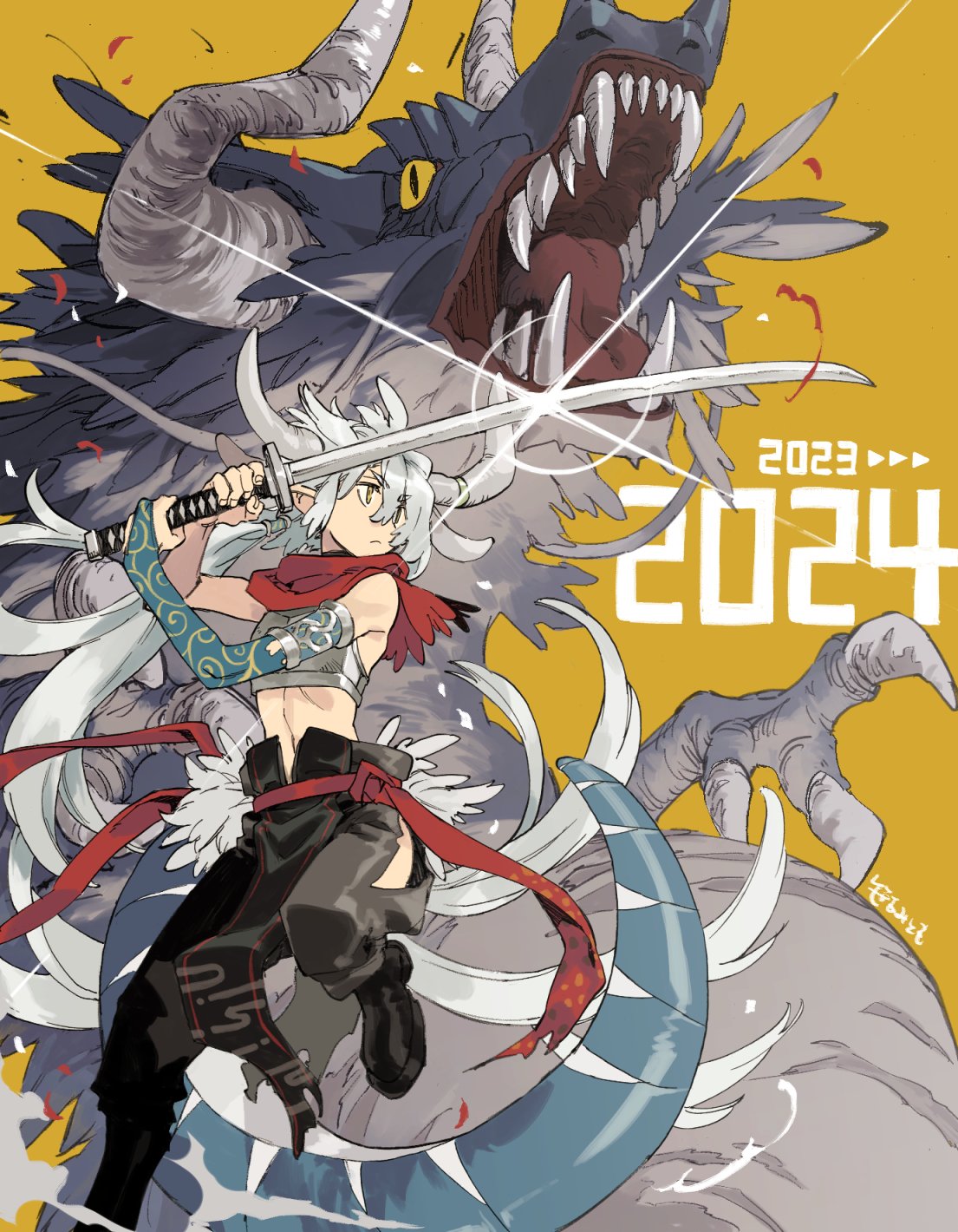 1girl 2023 2024 armlet armor arms_up baggy_pants black_footwear black_pants boots breastplate bridal_gauntlets chinese_zodiac closed_mouth dated dragon dragon_girl dragon_horns dragon_tail floating_hair full_body glint grey_hair highres hip_vent holding holding_sword holding_weapon horns katana long_hair long_tail looking_to_the_side low_ponytail midriff new_year original pants pelvic_curtain pointy_ears red_scarf sasami_(ki) scarf simple_background single_bridal_gauntlet sleeveless solo standing standing_on_one_leg sword tail very_long_hair weapon year_of_the_dragon yellow_background yellow_eyes