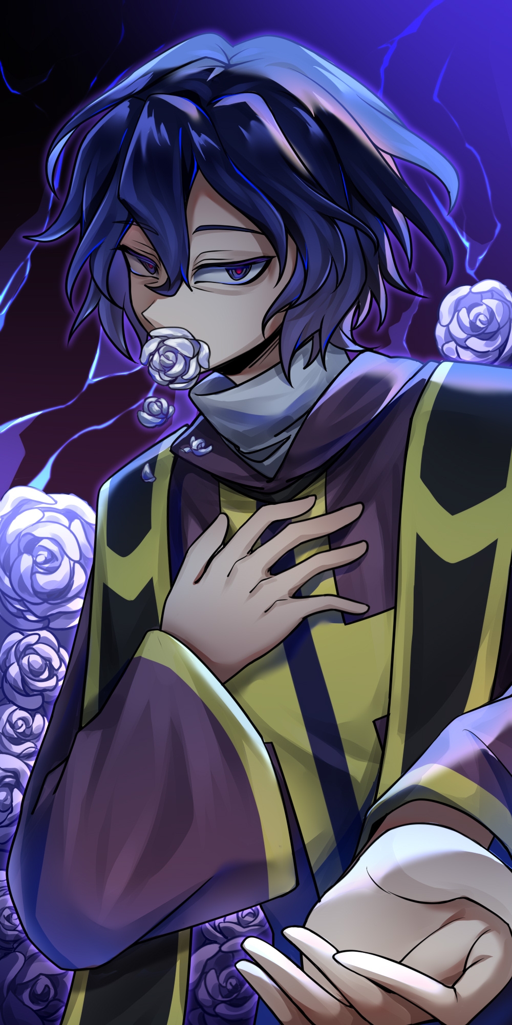 1boy blue_eyes blue_hair chinese_commentary commentary_request flower flower_in_mouth gold_trim hair_between_eyes hand_on_own_chest highres hood hood_down hooded_robe long_sleeves male_focus purple_robe reaching reaching_towards_viewer red_pupils robe rose saibou_shinkyoku sanpaku shirt short_hair solo stole upper_body utsugi_noriyuki white_flower white_rose white_shirt wide_sleeves xuanyi-menghuan
