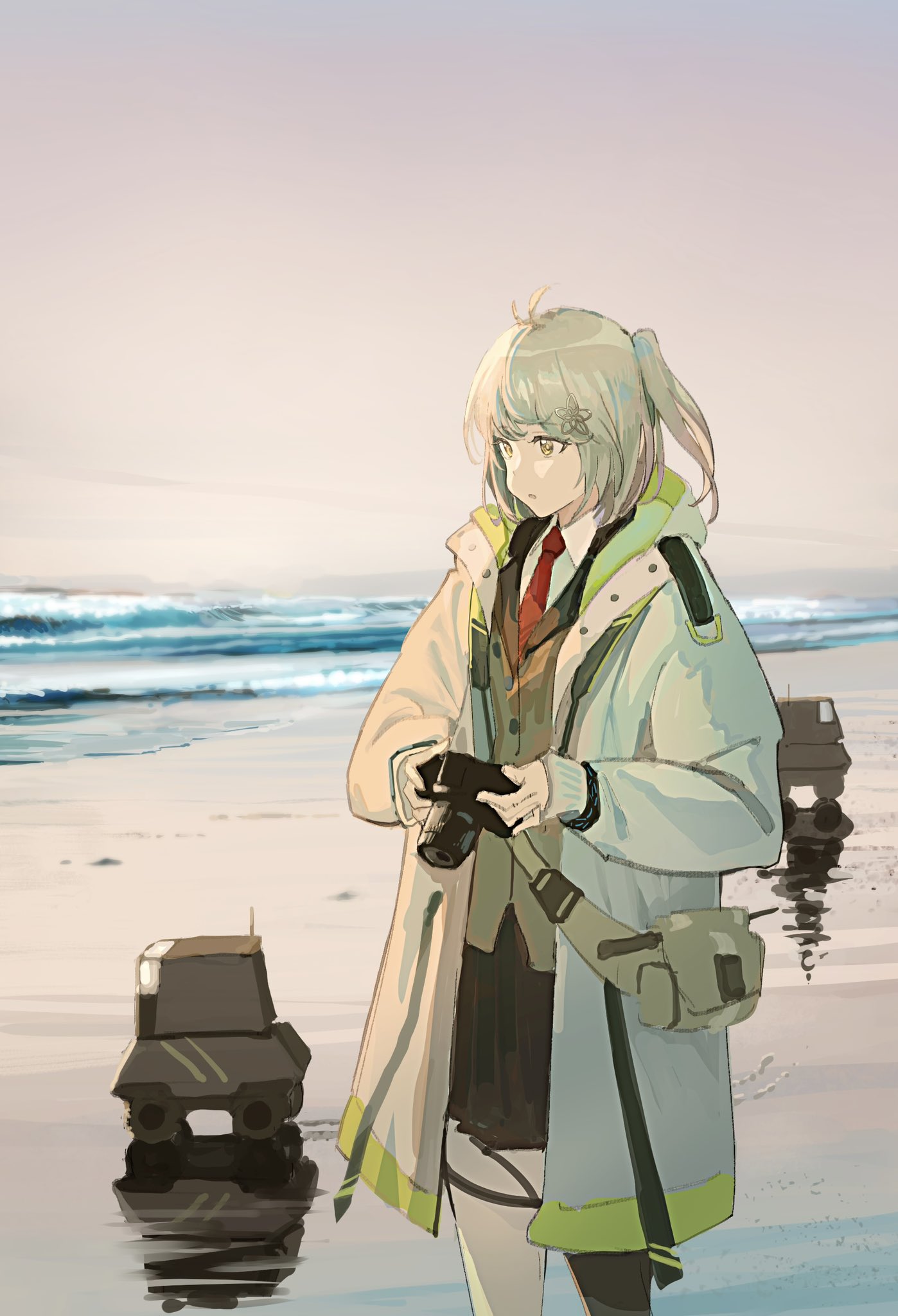 1girl ahoge arknights asymmetrical_legwear bag beach brown_vest camera collared_shirt cowboy_shot grey_hair hair_ornament highres holding holding_camera jacket kasumi_yuzuha lens_(arknights) long_sleeves necktie one_side_up open_clothes open_jacket open_mouth pleated_skirt red_necktie robot scene_(arknights) shirt short_hair shoulder_bag skirt swept_bangs vest waves white_jacket white_shirt yellow_eyes