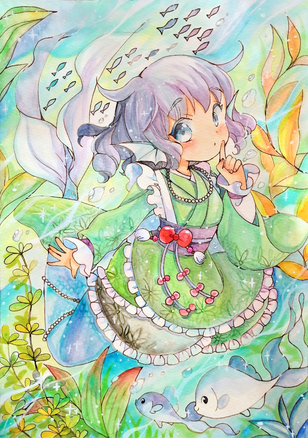 1girl blue_background blue_eyes fins fish fish_girl fish_tail green_background green_kimono grey_hair head_fins highres index_finger_raised japanese_clothes kimono long_sleeves looking_at_viewer marker_(medium) medium_hair naruki solo tail touhou traditional_media underwater wakasagihime