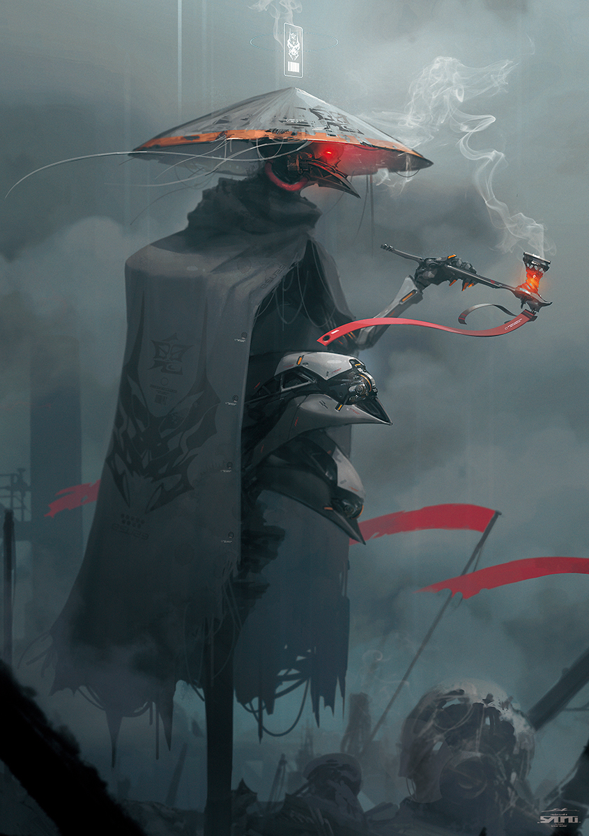 ajirogasa clouds cloudy_sky commentary esuthio flag glowing glowing_eye grey_cloak hat highres holding holding_smoking_pipe looking_ahead mecha_focus no_humans original red_eyes robot ruins scarecrow skull sky smoke smoking_pipe solo symbol-only_commentary watermark