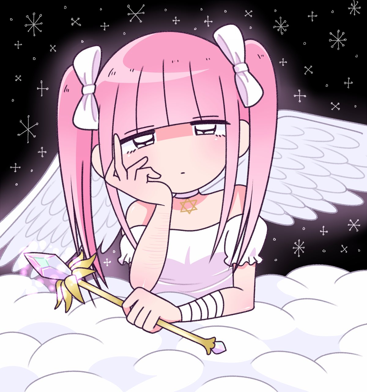 1girl bandaged_arm bandages bare_shoulders black_eyes blunt_bangs bow closed_mouth clouds collar dress expressionless ezaki_bisuko feathered_wings hair_bow hand_on_own_cheek hand_on_own_face hexagram highres holding holding_wand jewelry looking_at_viewer menhera-chan_(ezaki_bisuko) menhera-chan_(ezaki_bisuko)_(character) necklace night night_sky off-shoulder_dress off_shoulder pink_hair pov short_twintails sky solo star_(sky) star_of_david twintails upper_body wand white_bow white_collar white_dress wings