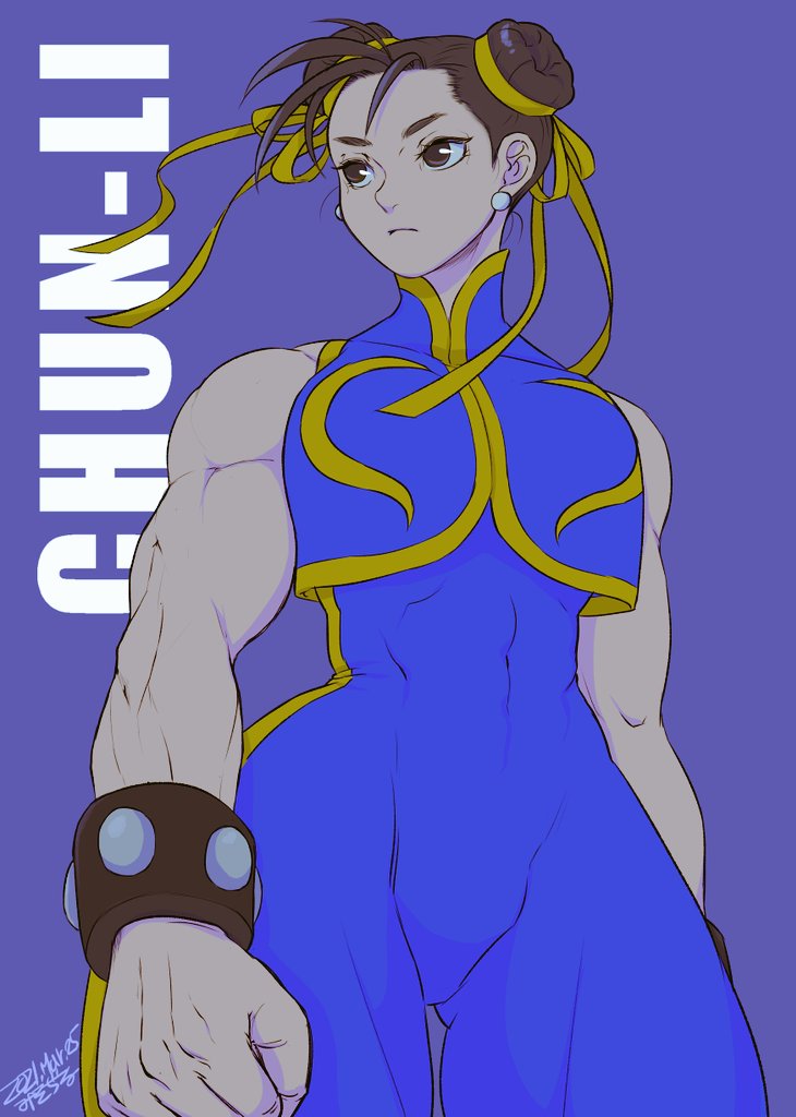 blue_bodysuit bodysuit bracelet character_name chun-li clenched_hand double_bun earrings hair_bun hair_ribbon high_collar jewelry misodiru muscular muscular_female official_alternate_costume official_alternate_hairstyle pearl_earrings ribbon serious signature simple_background standing street_fighter yellow_stripes